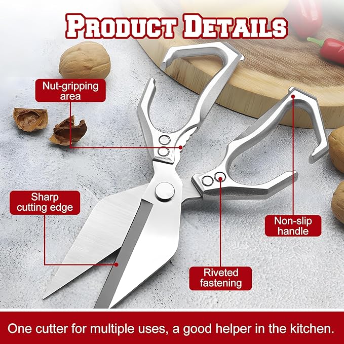 Seattleget Multifunctional Heavy-Duty Kitchen Shears, Ergonomic Heavy-Duty Kitchen Scissors, Household Food Scissors, Suitable for Cutting Meat, Seafood and Small Bones (Silver)