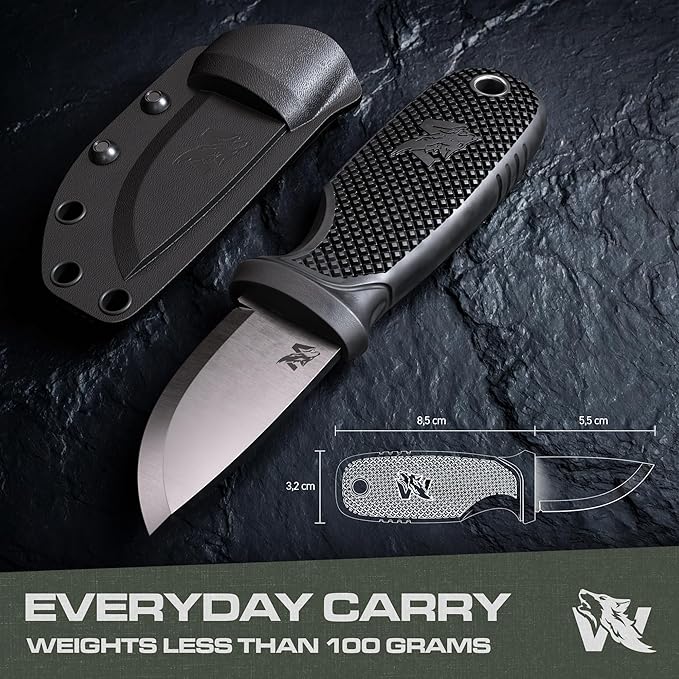 W-MINI 2 - EDC Neck Knife with Sheath and Necklace - Small EDC Fixed Blade Knife Necklace and Belt Clip - Pocket Fixed Blade Knives - Full Tang Neck Knife with Sheath Tactical + Fire Starter