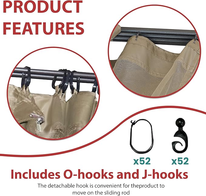 Coastshade Gazebo Canopy Mesh Walls Replacement 10x12 Gazebo Pergola Mosquito Screen Netting for Gazebos with 52Curtain Rings & 52Rail Hooks,Khaki