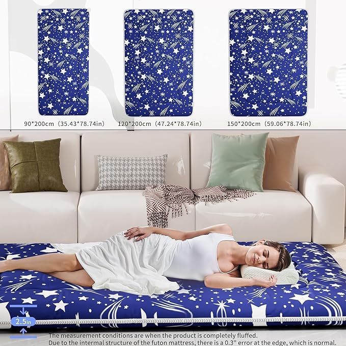 Japanese Futon Mattress, Foldable Tatami Mat Portable Dormitory Sleeping Pad with Bag & Strap, Floor Thicken Sleeping Roll up Camping Mattress (Blue WS1, 48"X80")