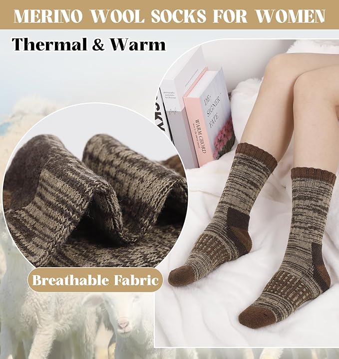 Justay 4 Pairs Merino Wool Socks for Women, Hiking Thermal Warm Winter Cozy Thick Boot Socks for Women Gifts