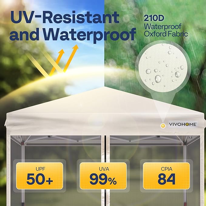 VIVOHOME 8x8ft Easy Pop-Up Canopy, Outdoor Screen Tent with Mosquito Netting, 2 Zipper Doors, and Roller Bag for Yard Camping Picnic Party Events, Beige