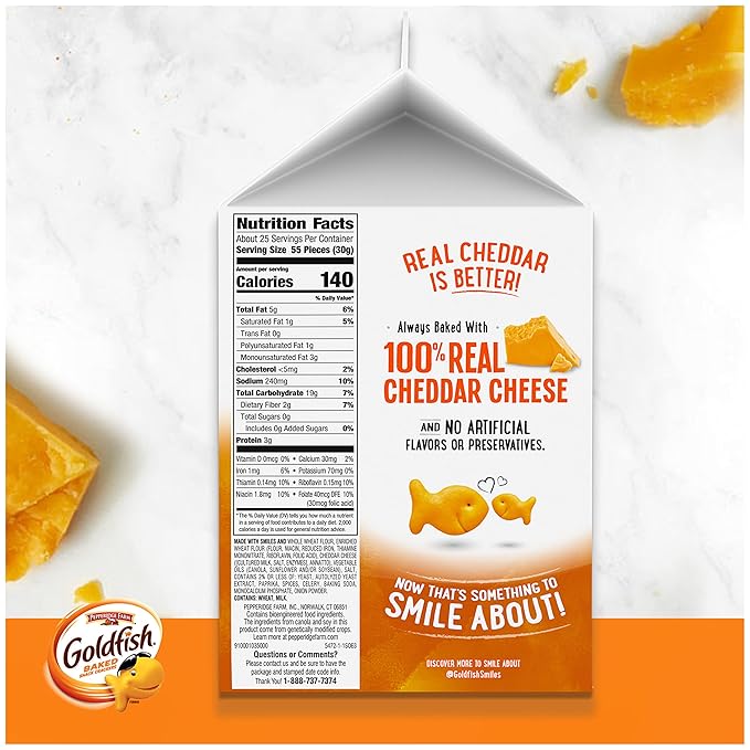 Goldfish Cheddar Cheese Crackers, Baked with Whole Grain, 27.3 oz Carton
