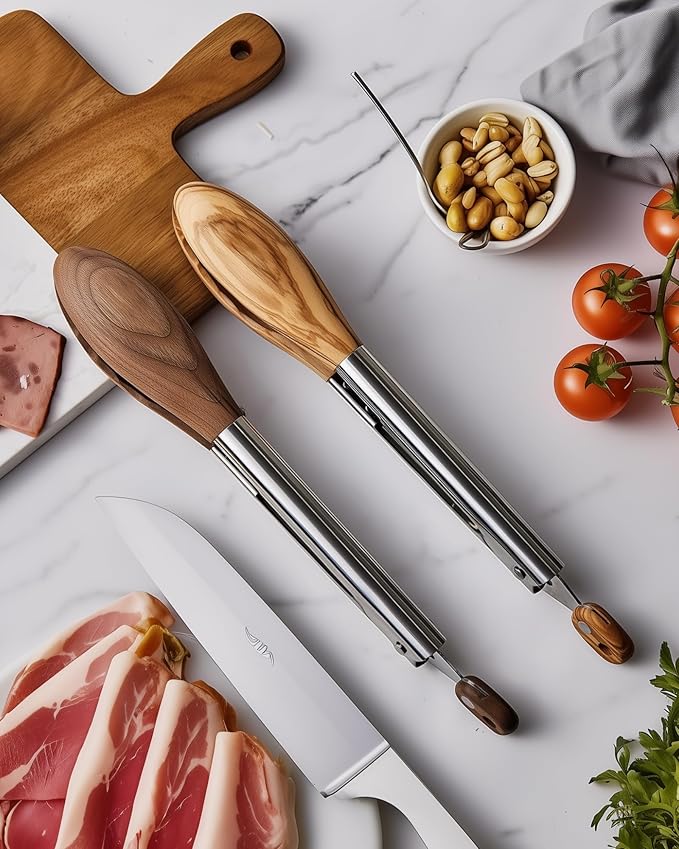 Boxiki Kitchen Wooden Tongs for Cooking - Nonstick Kitchen Salad Tongs for Serving Food, Grilling, Cooking, BBQ and Tossing Salad - Made of Natural Walnut Wood, Size 12-inch