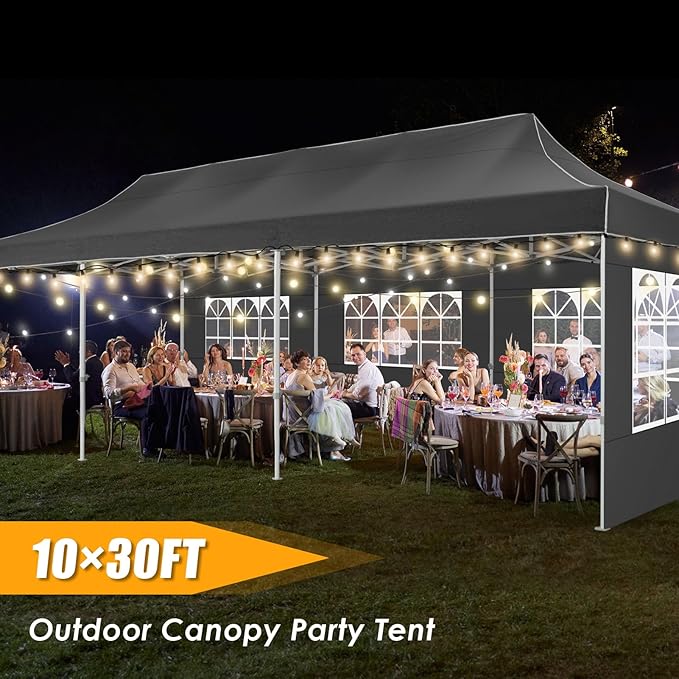 HOTEEL Tents for Parties 10x30 Pop Up Canopy Tent Heavy Duty with 8 Sidewalls, Commercial Party Tent Event Wedding Instant Canopy Waterproof with Carry Bag, UV 50+, Thicked Hexagonal Legs, Black