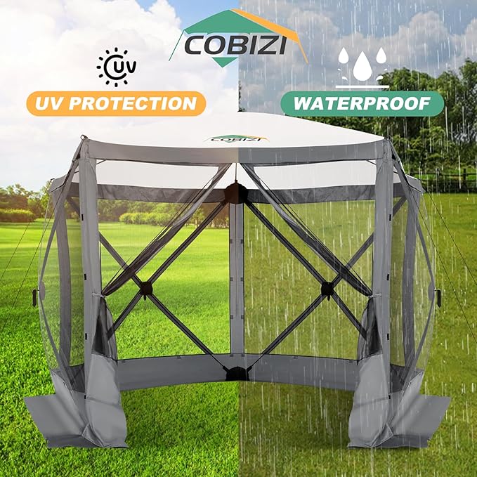 COBIZI 10x10 Pop up Gazebo Screen House Tent for Camping, Pop-up Camping Canopy with Mesh Windows,Portable Outdoor Quick-Set Hub Tent with Carrying Bag&Ground Stakes,Gray(Upgraded 2.0)