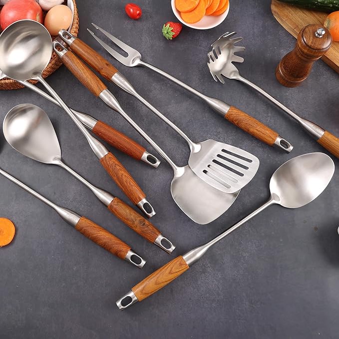 18/10 Stainless Steel Kitchen Utensils Set with Wood Handle - 15” Long Metal Cooking Tools - Serving Solid/Slotted Spoon, Tunner, Skimmer, Soup Ladle, Spaghetti Spoon, Large Spoons Set of 6
