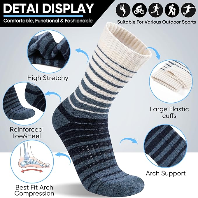 Merino Wool Hiking Socks for Men Moisture Wicking Cushion Thermal Warm Winter Crew Outdoor Boot Socks(5 Pairs)
