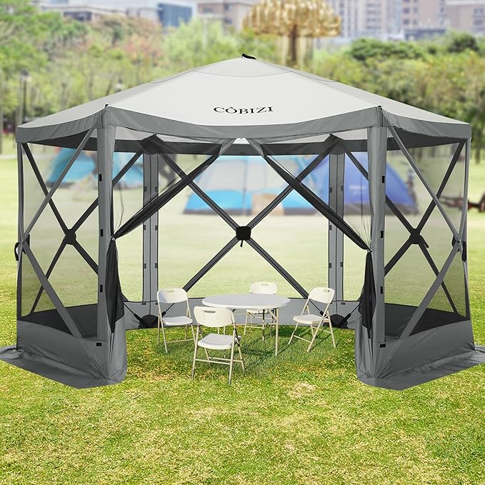 COBIZI 12x12ft Pop up Gazebo Screen Tent Screen House for Camping, Camping Outdoor Screened Gazebo with Mosquito Netting, Portable Hub Tent with Carrying Bag and Ground Stakes, Grey(Upgraded 2.0)