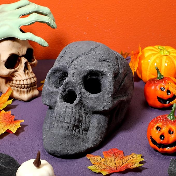 1 Pack Fire Pit Skulls 8.7 Inch Halloween Imitated Human Ceramic Firepit Head Fireproof Skulls Bonfire Accessories Fake Logs Halloween Decor for Gas Campfire Fireplace Wood Fires (Black)