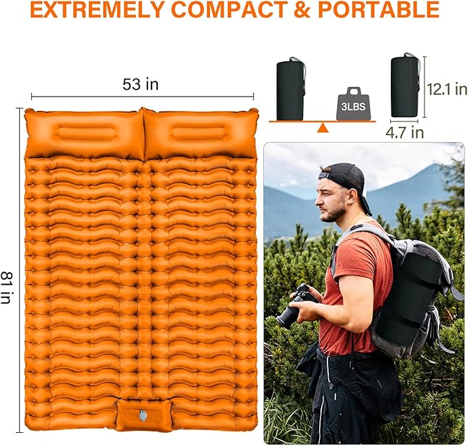 Double Size Camping Sleeping Pad - 4 Inch Self Inflating Air Mattress for Couples, Built-in Foot Pump & Pillow, Extra Thick Waterproof Sleeping Mat for Tent, Outdoor Travel—Orange