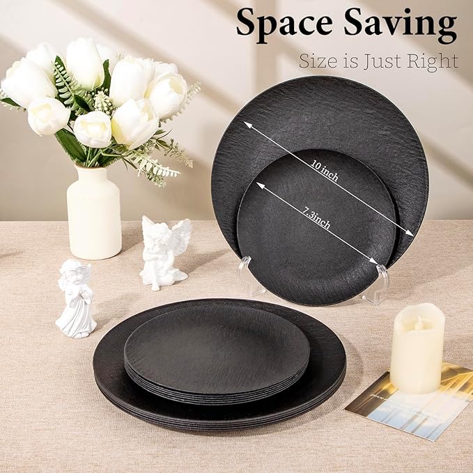 WONDERFUL 32pcs Black Plates Black Plastic Plates Halloween Plates Unbreakable and Reusable Plastic Plate Dishwasher safe Dishes Set Includes:16 Dinner 10" & 16 Dessert Plate 7.3" Suitable for Camping