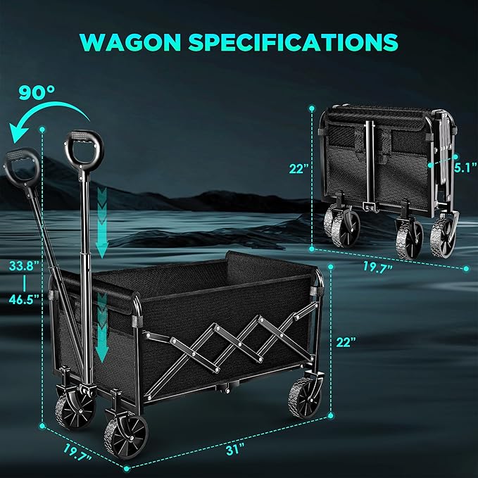 Wagons Carts Foldable, Collapsible Wagon Cart with Wheels, Large Wagons Carts Foldable with Wheels for Sand Sports Camping Grocery, Black
