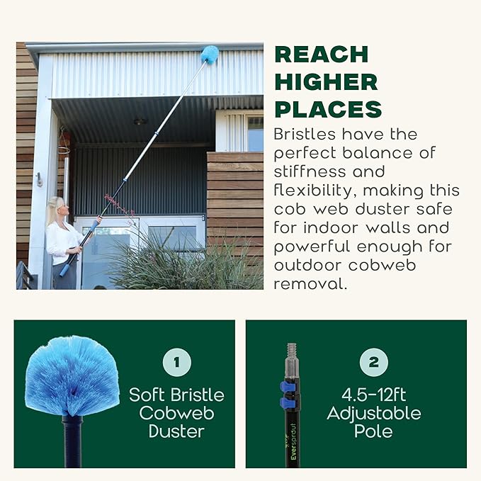 EVERSPROUT 8-10 Feet Standing Reach | 1.5-to-3 Foot Cobweb Duster and Extension-Pole Combo & Lightweight 3-Stage Aluminum Pole | Hand-Packaged Indoor/Outdoor Use Brush Attachment
