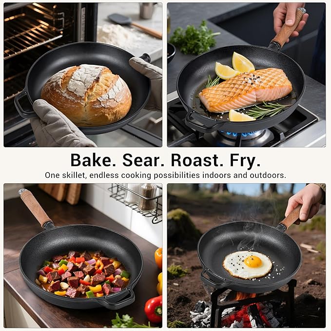 12" Cast Iron Skillet with Lid & Removable Wooden Handle, Pre-Seasoned Frying Pan for Stove, Oven, Grill & Campfire Cooking (1, 12")