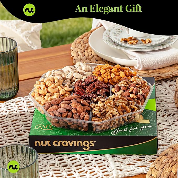 NUT CRAVINGS - Diwali Sweets Hamper Mixed Nuts Gift Basket in Green Gold Box (7 Assortments, 1 LB) Food Arrangement, Healthy Snack Care Package, Food Assortments