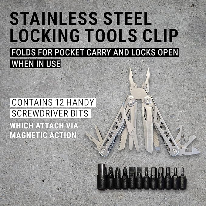 EPG Heavy Duty Multitool, Leather Case and Screwdriver Bits, 18 Stainless Steel Locking Tools, EDC Gear with Pliers, Bottle Opener, Box Cutter and More, Fits in Pocket