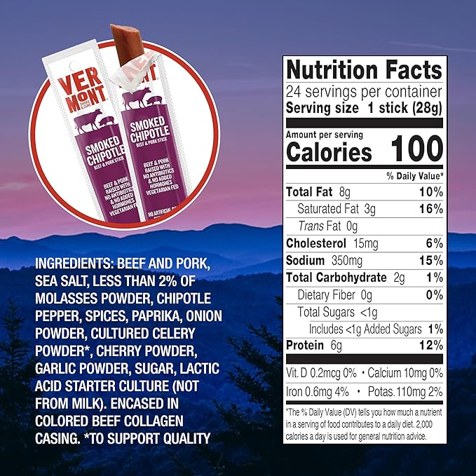 Snack Sticks by Vermont Smoke & Cure – Smoked Chipotle – Beef & Pork – Healthy Meat Protein – 1oz Jerky Stick – 24 count carton