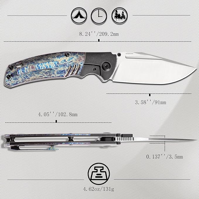KANSEPT Hinterland Pocket Folding Knives for Men EDC Camping Folding Knife 3.58'' Satin CPM S35VN Blade Pocket Knife with Blackwash Titanium Lightning Strike Finished Titanium Inlay Handle K1057A5