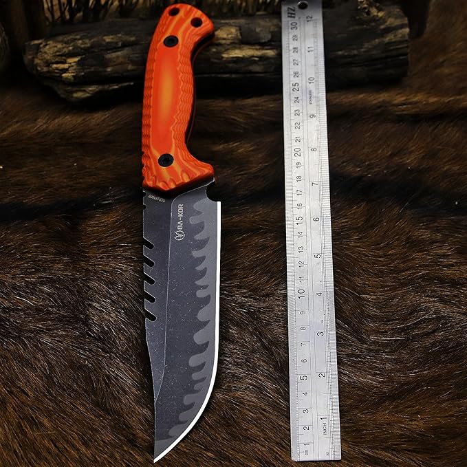 BA-KOR 12.4in Full Tang Fixed Blade Hunting Knife โ 6mm 9CR18MoV Steel, G10 Handle, Stonewashed Sawback Blade with Kydex Sheath & Fire Starter for Outdoor, Camping, Survival (Orange with light yellow stripes)