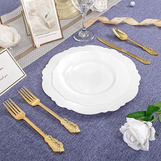 WDF 60pcs White Plastic Dessert Plates -7.5inch Baroque White Disposable Appetizer/Small Cake/Salad Plates- for Upscale Parties & Wedding