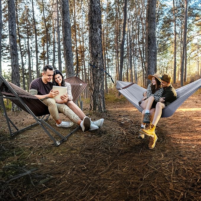 Tranquillo Universal Hammock with Stands Electro Static Coated Steel, Adjustable Foldable Hammock Stand with 2 Layered Polyester Net and Carry Bag for 2 Persons (Combo - Brown)