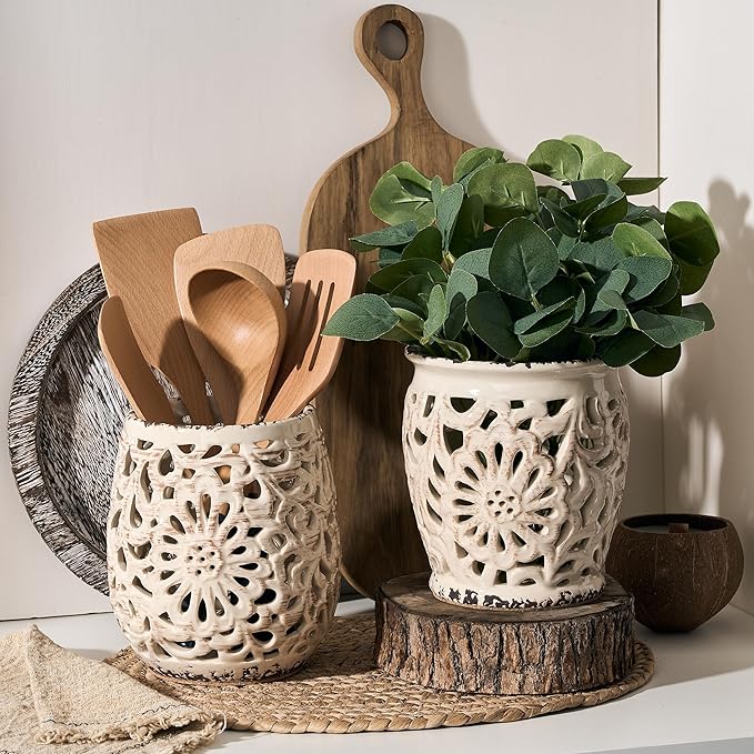 Farmhouse Kitchen Utensil Holder for Kitchen Counter, Ceramic Large Cooking Utensil Crock with Cork Mat, Countertop Cooking Tool Spatula Organizer, Beige Antique Design