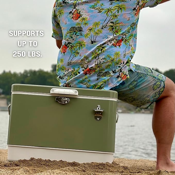 FSE Retro Metal Cooler, 80 Can/54 Qt. Capacity, Hard-Sided, Two Tone, Holds Up to 80 Beverage Cans, Metal Construction with Plastic Lining