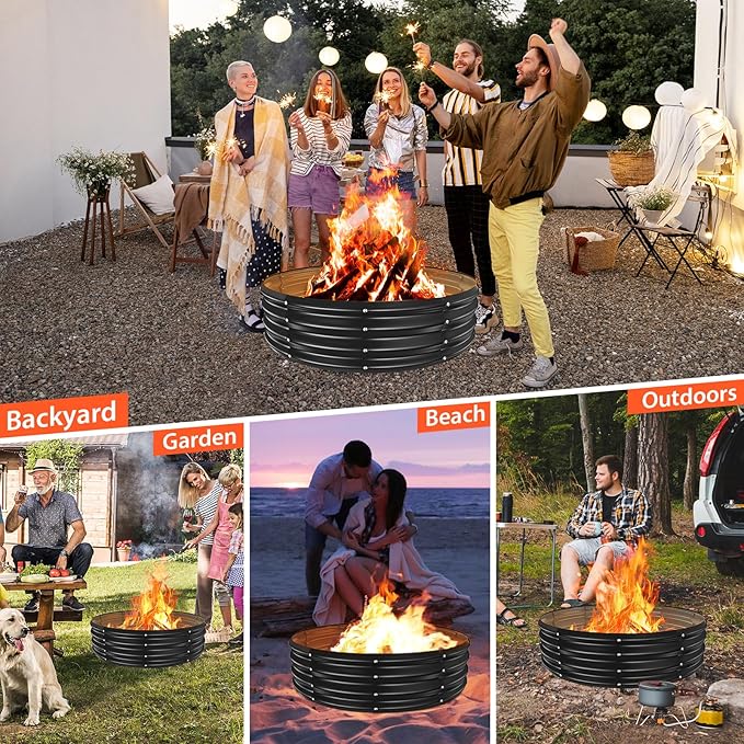 48 Inch Round Galvanized Fire Pit Ring/Fire Ring - Foldable and Perfect for Outdoor Gatherings and Campfires in The Yard/Garden/Park/Beach (Black+Gray, 4 FT Diameter+1 FT Tall)