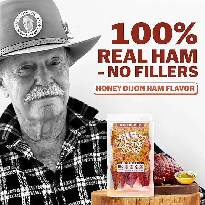 All Natural Real Ham Jerky | Honey Dijon | Small Batch Handcrafted | Old Fashioned | Low Fat High Protein Ham Meat | Gluten-Free | Non-GMO | No Nitrates | Healthy American Bezerky Jerky | 3 Packs