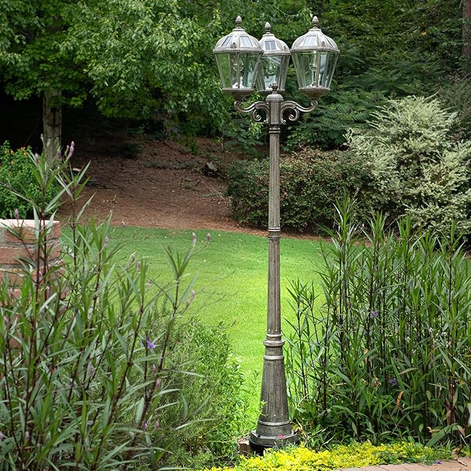 Gama Sonic Royal Bulb Solar Lamp Post Light Kit, 89 inch Tall, Outdoor Triple Head Weathered Bronze Cast Aluminum, Rain Water Glass Light Pole, Warm White 2700K 98B303 (Upgraded Panel)