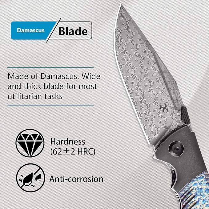 KANSEPT Hinterlan Pocket Folding Knives for Men EDC Camping Folding Knife 3.58'' Damascus Blade with Blackwash Titanium Lightning Strike Finished Titanium Inlay Handle Everyday Carry K1057A6