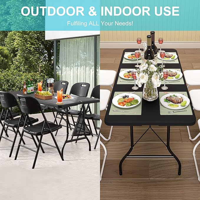 VECELO 6Ft Plastic Folding Table, Indoor Outdoor Portable Picnic Foldable Desk with Handle, Mesh Trash Bag&Lock Legs Heavy Duty for Camping,Dining&Party,Jet Black