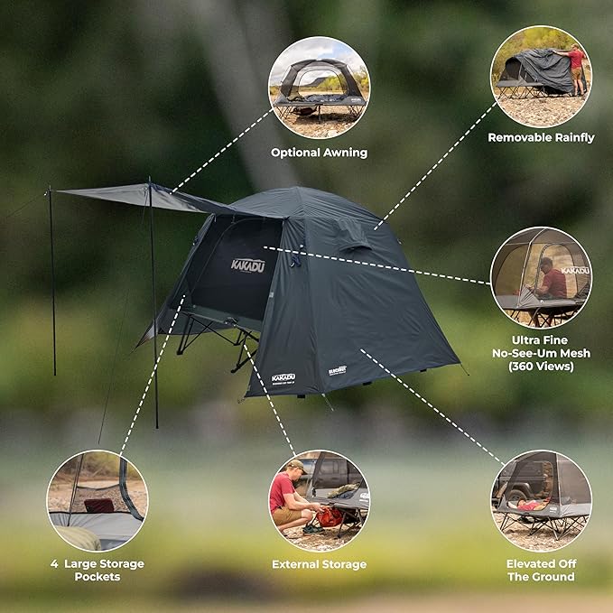 Kakadu Camping Tent Cot, 2 Person, Quick Setup, Folding, Compact, Elevated Tent with BlockOut Rain Fly, Awning Poles, Ultra-Fine Mesh Windows, and Carry Bag