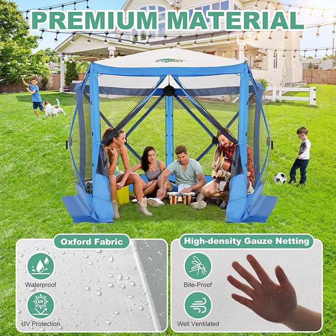 COBIZI 10x10 Pop up Gazebo Screen House Tent for Camping, Pop-up Camping Canopy with Sidewalls,Portable Outdoor Quick-Set Hub Tent with Carrying Bag&Ground Stakes,Blue(Upgraded 2.0)