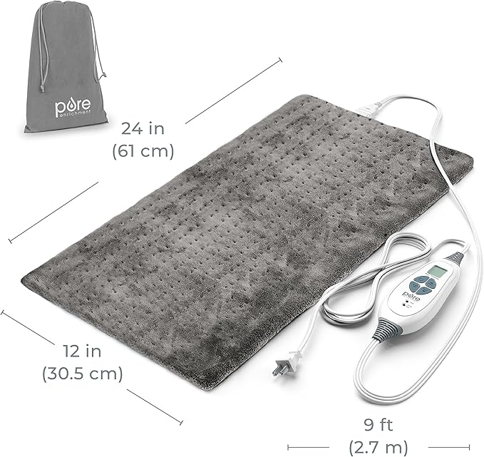 Pure Enrichment® PureRelief® XL Heating Pad - 12" x 24" Electric Heating Pad for Back Pain & Cramps, 6 Heat Settings, Soft Machine Wash Fabric, Auto-Off & Moist Heat (Charcoal Gray)