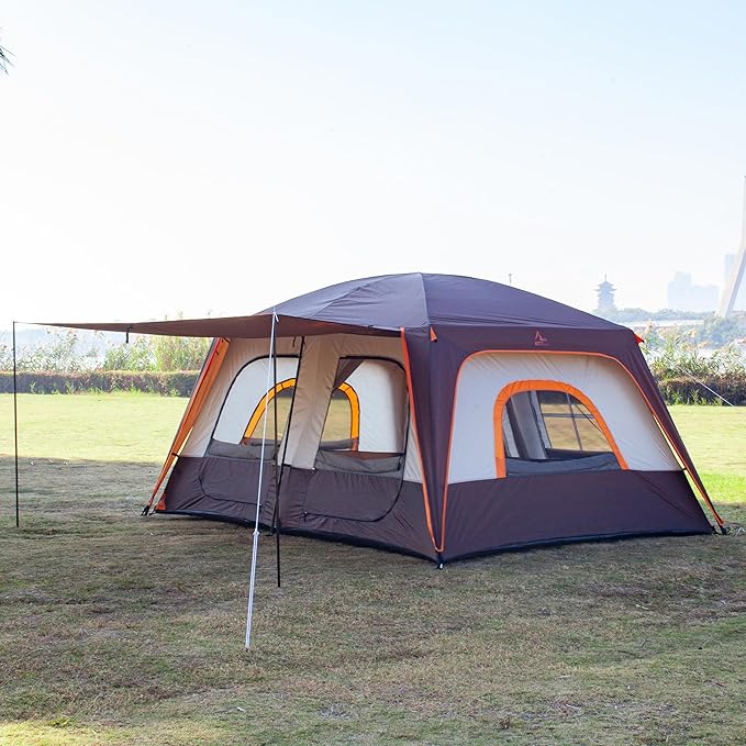 KTT Extra Large Tent 6-10-12-14 Person(A),Family Cabin Tents,2 Rooms,3 Doors and 3 Windows with Mesh,Straight Wall,Waterproof,Double Layer,Big Tent for Outdoor,Picnic,Camping,Family Gathering