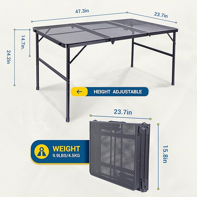Nice C Table for Grill, Outdoor Table, Camping Cooking Picnic Tables, Card Tables Adjustable Height, Mesh Bag, Carry Handle (47.3” x 23.7“ x 14.7”/24.2“ Black)