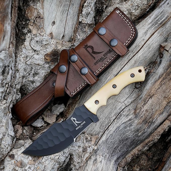 Fixed Blade Knife – 10” Handmade Tracker Hunting Blade with Camel Bone Handle & Leather Sheath, Full Tang 1095C High Carbon Steel Survival Knife for Camping, Hunting & Outdoor Use