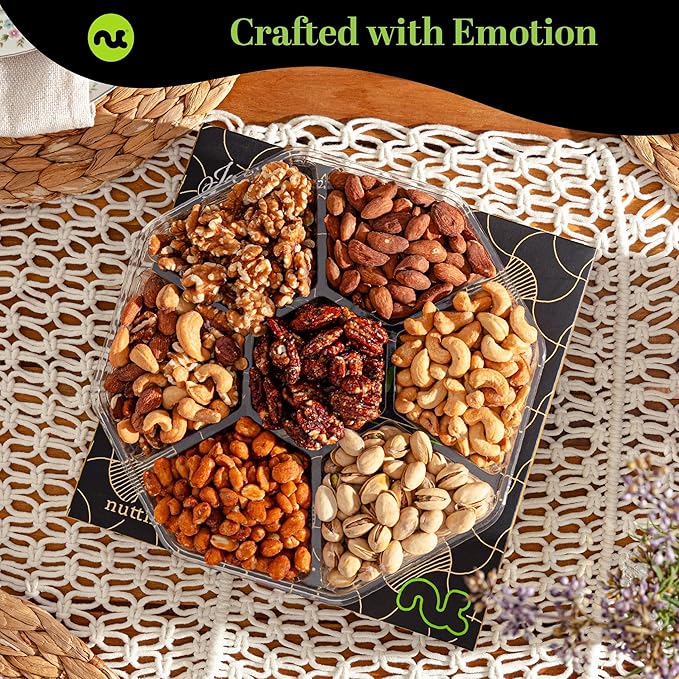 NUT CRAVINGS - Diwali Sweets Hamper Mixed Nuts Gift Basket in Black Gold Box (7 Assortments, 1 LB) Food Arrangement, Healthy Snack Care Package, Food Assortments