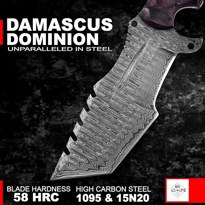 KIMPE 10.5’’ Damascus Hunting Knife with Leather Sheath-Fixed Blade EDC Knife-Bushcraft Knives-Wood Handle-Best Camping & Survival Knives-Knives for Men. (Micarta Red & Black)