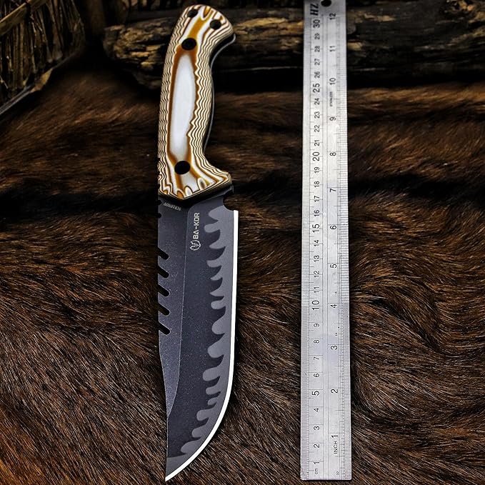 BA-KOR 12.4in Full Tang Fixed Blade Hunting Knife โ 6mm 9CR18MoV Steel, G10 Handle, Stonewashed Sawback Blade with Kydex Sheath & Fire Starter for Outdoor, Camping, Survival (White and brown stripes)