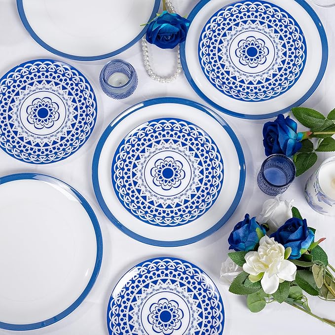 EI 60pcs Blue Plastic Plates Disposable Blue and White Floral Baroque Plastic Plates Fancy Decorative Plate Disposable Heavy Duty with Retro Classic Art Suitable for for Party,Birthday,Wedding