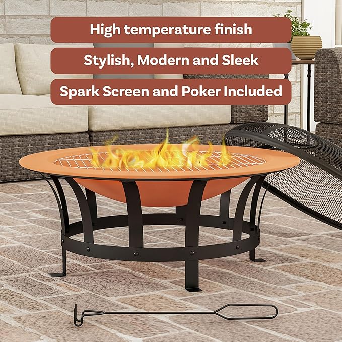 Pure Garden Outdoor Fire Pit - 30” Wood Burning Firepit with High-Temp Copper Finish, Screen, Poker, and Grate - Fire Pits & Outdoor Fireplaces