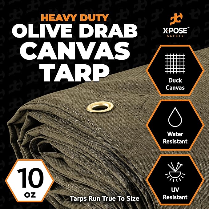 Xpose Safety Canvas Tarp - 10oz Olive Drab Canvas Tarps Heavy Duty Water Resistant with Brass Grommets- Multipurpose Outdoor Tarpaulin for Camping, Canopy, Trailer, Equipment Cover 6' x 6'