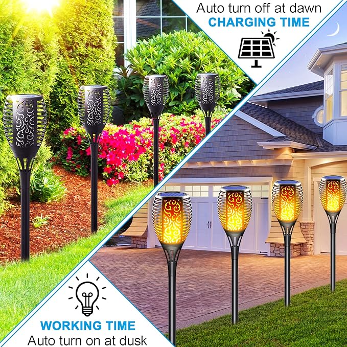 4 Pack Solar Tiki Torch Lights Outdoor Waterproof - Realistic Flickering Flame Fire Effect, 3-in-1 Hanging Lantern with Detachable Hook - Auto On/Off for Patio, Garden, Yard, Pathway Decor