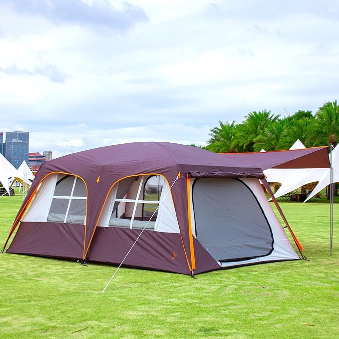 KTT Extra Large Tent 12 Person(A),Awning Family Cabin Tents,2 Rooms,3 Doors and 3 Windows with Mesh,Straight Wall,Waterproof,Double Layer,Big Tent for Outdoor,Picnic,Camping,Family Gathering。