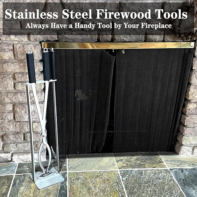 Fireplace Tools Set with 28" Fire Poker and Fire Tongs, Stainless Steel Firewood Tongs with Sturdy Stand, Rubber Handle Log Grabber for Fire Pit Campfire Backyard Bonfire Wood Stove Indoor&Outdoor