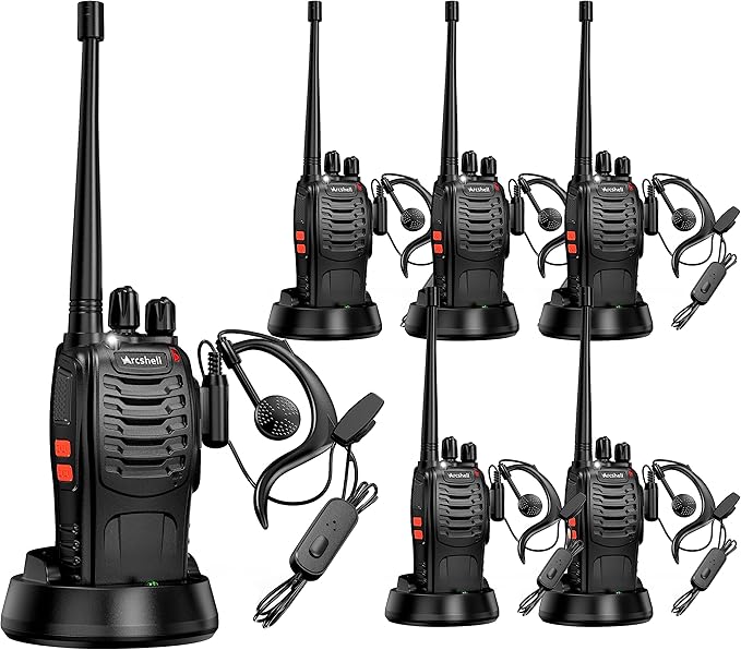 Rechargeable Long Range Two-Way Radios with Earpiece 6 Pack Arcshell AR-5 Walkie Talkies Li-ion Battery and Charger Included