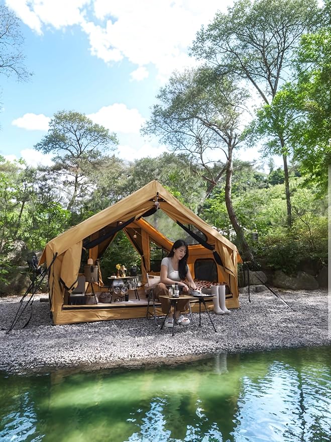 Panda Inflatable Tents for Camping with Stove Jack, Canvas Blow Up, Easy Setup Inflatable Tent, Waterproof Hot Inflatable Outdoor House, Casa de Campaña with Hand Pump
